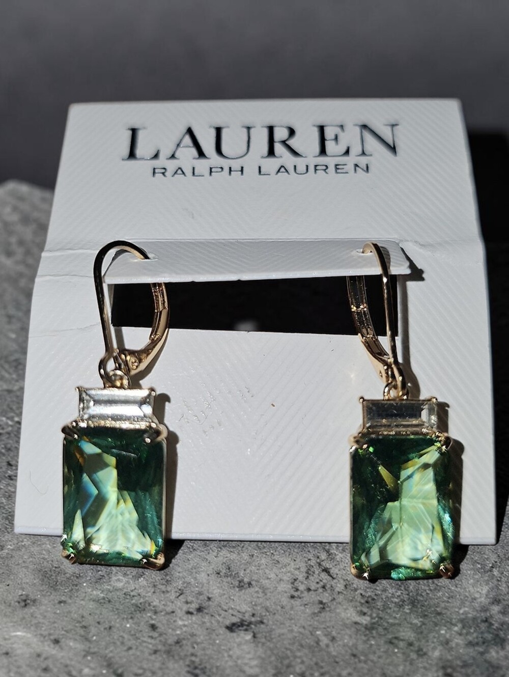 Lauren Ralph Lauren Nwt Golden Earrings with Emerald Green Rectangular Crystals